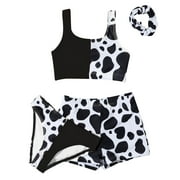 Kids Child Girl's 4 Piece Swimsuits Bathing Suit Cow Print Bikini Tops Underpants Shorts Pant Hair Band Swimwear Set